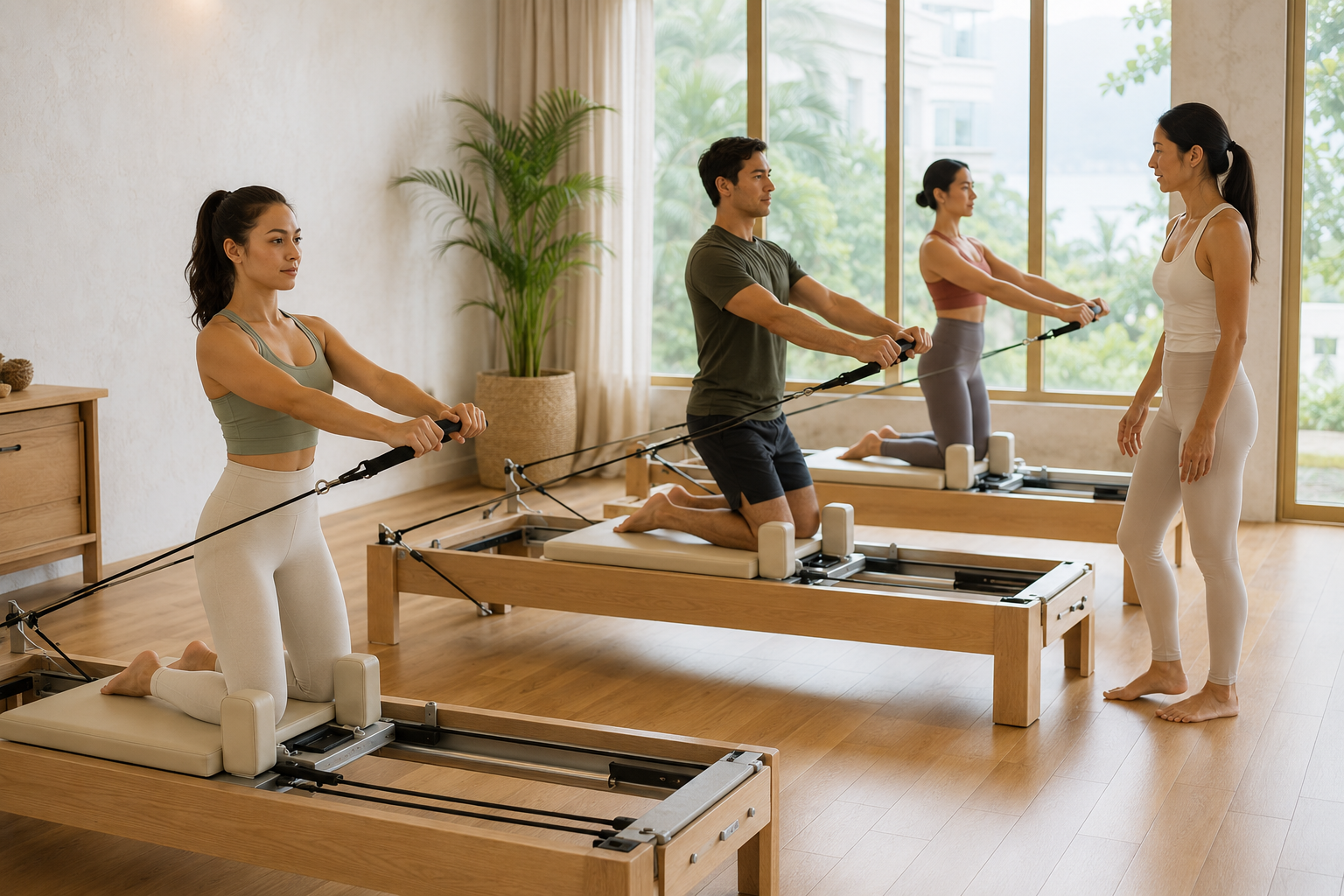 Small reformer Pilates class in a bright studio